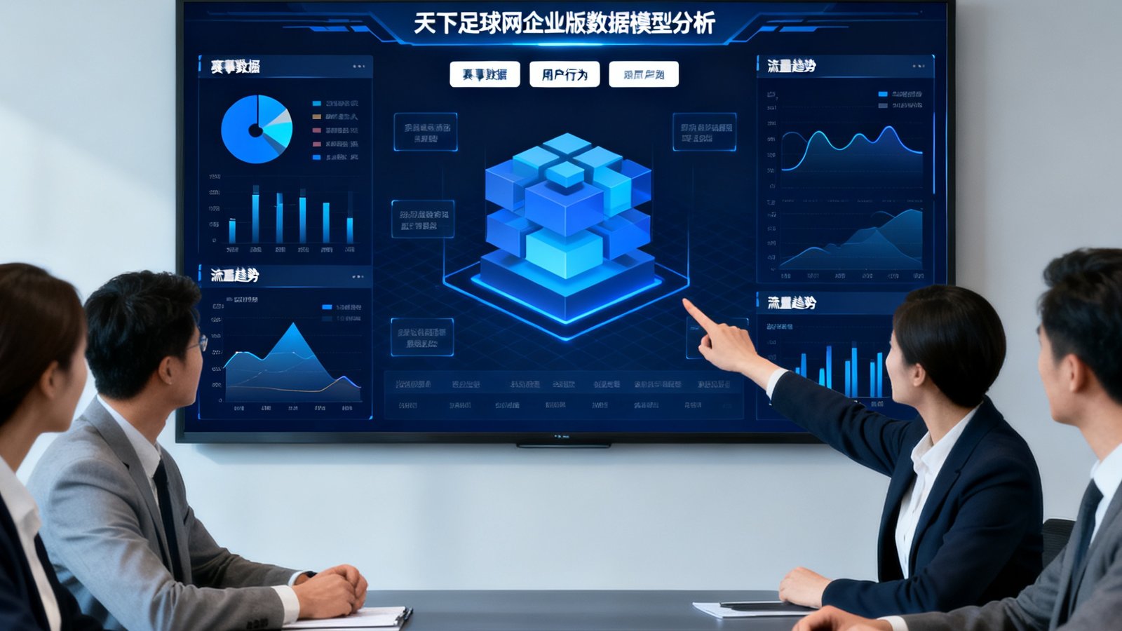 天下足球网企业版数据看板演示界面，团队正在讨论数据模型